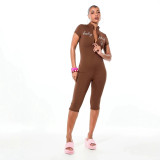 New European and American style cross-border fashion casual solid color printed letter zipper short-sleeve slim-fit three-quarter jumpsuit for women