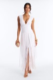Cross-border European and American foreign trade summer new fashion sexy deep V-neck bandage tassel double-layer long dress women's clothing