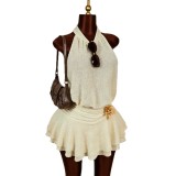 Cross-border European and American summer new foreign trade sexy solid color sleeveless halter neck tie-back waist-cinching tiered dress