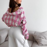 Pink plaid shirt for women, new European and American style, versatile loose-fitting shirt with detachable long sleeves and a turn-down collar, suitable as an outer layer