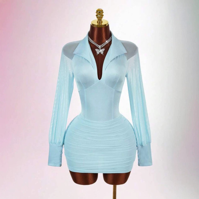 New European and American cross-border fashion solid color long-sleeve slim-fit V-neck ruched bodycon short dress for women