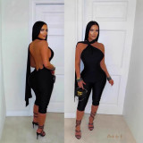 Cross-border European and American summer new fashion sexy solid color sleeveless tie-neck halter backless jumpsuit for women