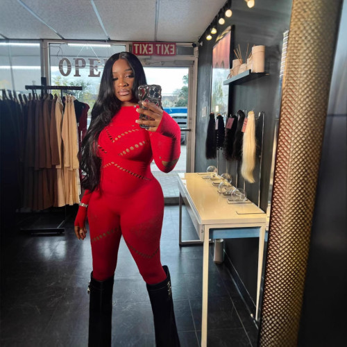 Y203 European and American new style women's autumn solid color round neck long sleeve hollow out rhinestone embellished slim fit sexy high-waisted dress
