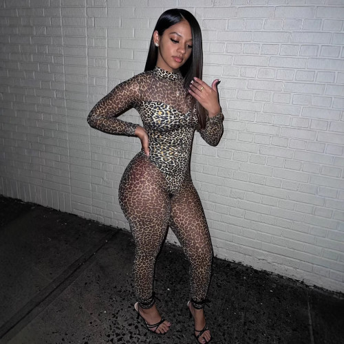 Y600630 New European and American Style Jumpsuit for Cross-Border Trade, Slim-Fit Long-Sleeve Sexy See-Through Slimming Bodysuit