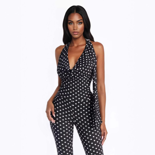 New European and American cross-border fashion printed polka dot halter neck deep V backless lace-up slim-fit jumpsuit for women