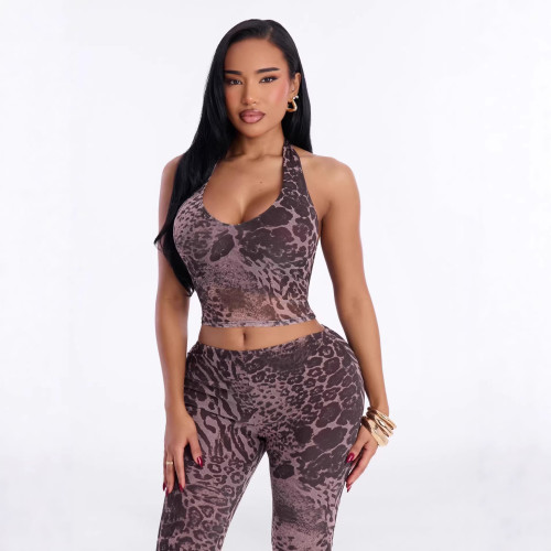 Cross-border European and American summer fashion trend halter neck printed V-neck tank top and tight-fitting cropped pants set