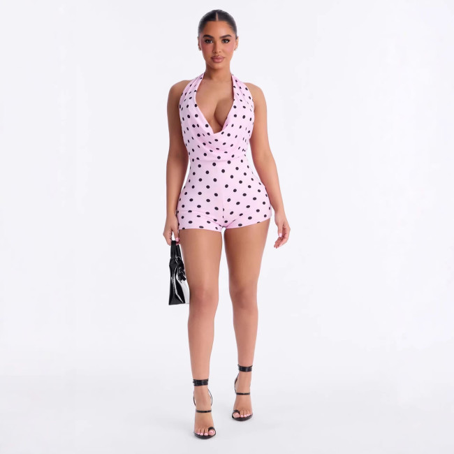 Cross-border European and American summer new fashion sexy halter neck tie-dye printed polka dot backless jumpsuit women's clothing