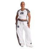 New European and American cross-border fashion leopard print letter print short top with slimming wide-leg pants set