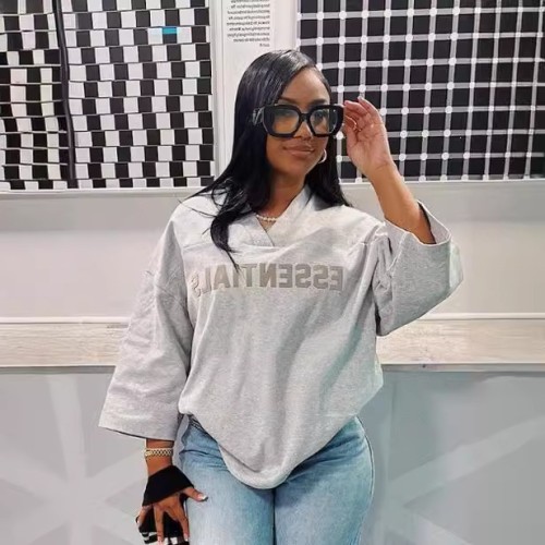 FC1225 European and American cross-border fashion V-neck hip-hop high street mid-sleeve T-shirt sweatshirt