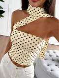 Cross-border European and American summer new style foreign trade hot girl printed polka dot one-shoulder sleeveless short slim-fit tank top with ribbons