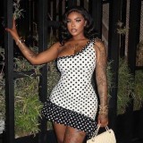 Cross-border European and American summer new foreign trade fashion polka dot print one-shoulder strap tie short dress women's clothing
