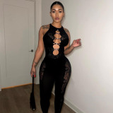 Y6671 European and American cross-border fashion women's sexy hollow-out tight-fitting mesh jacquard jumpsuit
