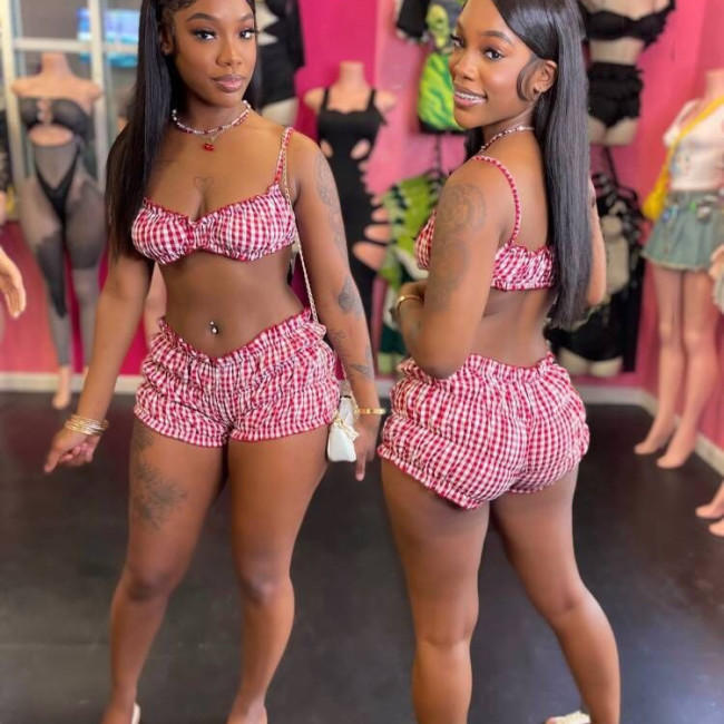 Y11056 European and American new style cross-border sexy hot girl versatile plaid elastic low-waist pleated shorts hot pants set