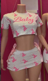 FC1487 European and American cross-border hot girl print slim-fit round neck T-shirt and strap short skirt two-piece fashion set for women