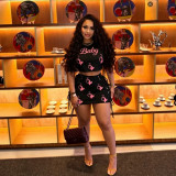 FC1487 European and American cross-border hot girl print slim-fit round neck T-shirt and strap short skirt two-piece fashion set for women
