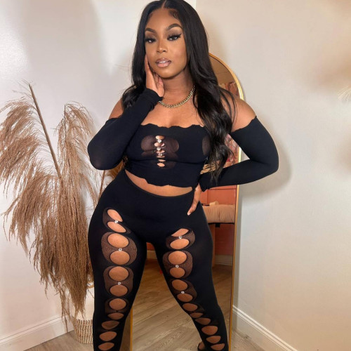 YO2110 European and American cross-border fashion mesh off-shoulder two-piece set