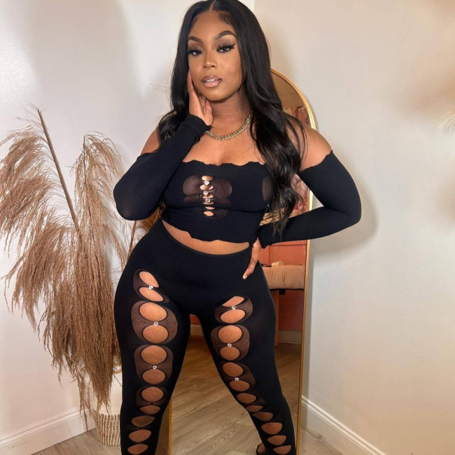 YO2110 European and American cross-border fashion mesh off-shoulder two-piece set