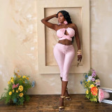 New European and American cross-border foreign trade sexy halter neck metal buckle backless lace-up top and hip-hugging cropped pants women's outfit