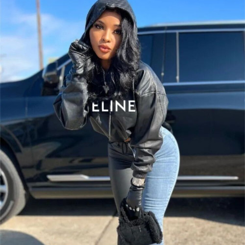 FC1305 European and American fashion cross-border women's street style PU leather loose hooded sweatshirt