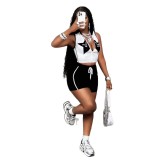 Cross-border European and American summer new style foreign trade casual sleeveless printed star and letter zipper top and shorts set