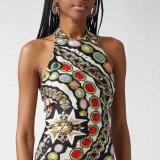 FC1467 European and American fashion cross-border retro hot girl geometric print tight halter neck dress with unique street style pattern