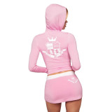 New European and American cross-border foreign trade sports letter print zip-up slim-fit jacket and short skirt pants set for women