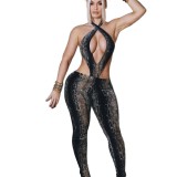 Cross-border European and American summer new fashion sexy halter neck snake print backless lace-up jumpsuit women's clothing