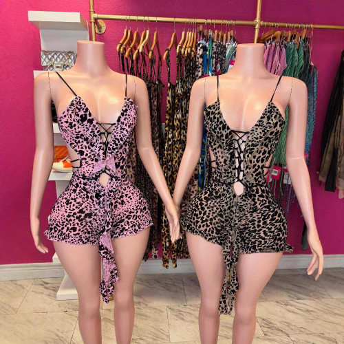 Y300325 European and American cross-border ice silk women's summer leopard print pure desire style slit backless sexy jumpsuit