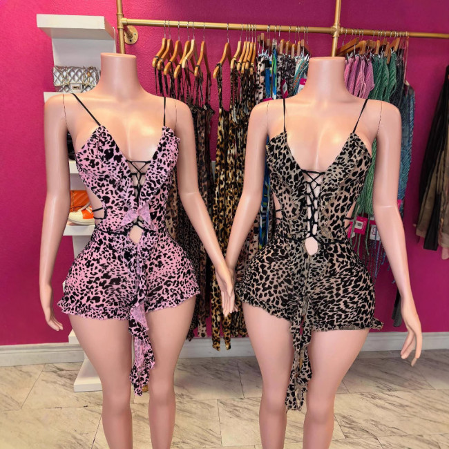 Y300325 European and American cross-border ice silk women's summer leopard print pure desire style slit backless sexy jumpsuit