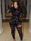 Y3008334 European and American cross-border new long-sleeve women's patterned hollow-out high-waisted slim-fit fashionable sexy jumpsuit