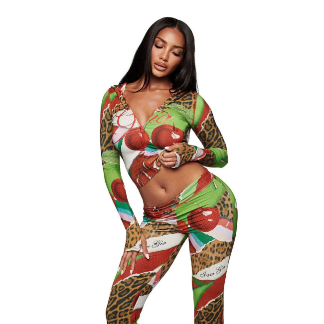 New European and American cross-border fashion IAMGIA printed zip-up hooded top and hip-hugging long pants women's outfit