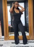 Cross-border European and American summer new fashion sports casual leopard print cross-back flared jumpsuit for women