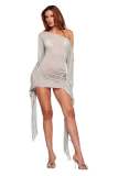 New European and American cross-border fashion sexy versatile solid color one-shoulder long-sleeve tassel bodycon short dress for women