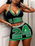 Cross-border European and American summer new foreign trade sexy hot girl halter neck letter print camisole top and short skirt set