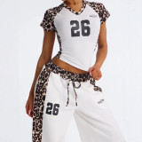 New European and American cross-border fashion leopard print letter print short top with slimming wide-leg pants set