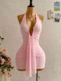 Cross-border European and American summer new fashion sexy deep V-neck halter neck ruched bodycon short dress for women