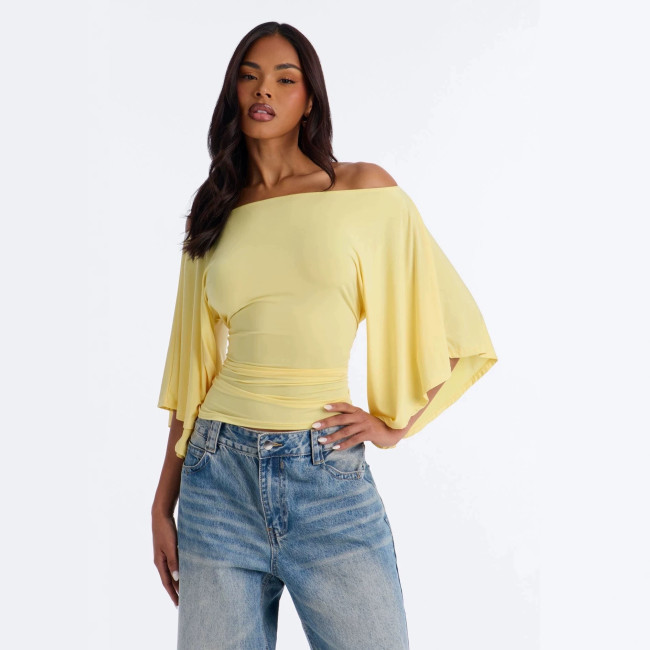 Cross-border European and American summer new fashion solid color off-shoulder batwing sleeve slim-fit top T-shirt