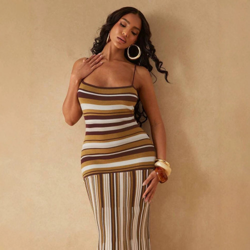 New European and American cross-border fashion sexy strapless color-block striped backless knitted long dress for women