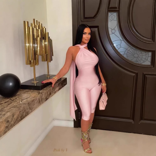 Cross-border European and American summer new fashion sexy solid color sleeveless tie-neck halter backless jumpsuit for women