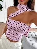 Cross-border European and American summer new style foreign trade hot girl printed polka dot one-shoulder sleeveless short slim-fit tank top with ribbons