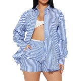 Spring cross-border European and American women's striped long-sleeve button-front short suit with a turn-down collar
