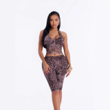 Cross-border European and American summer fashion trend halter neck printed V-neck tank top and tight-fitting cropped pants set