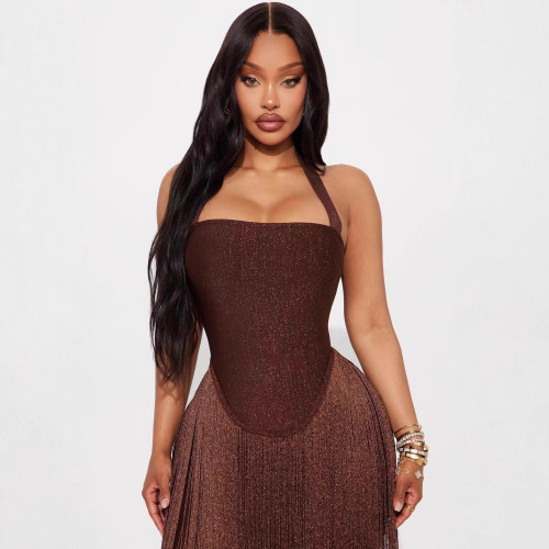 Cross-border European and American new autumn fashion women's sexy strapless halter neck tassel bodycon long dress