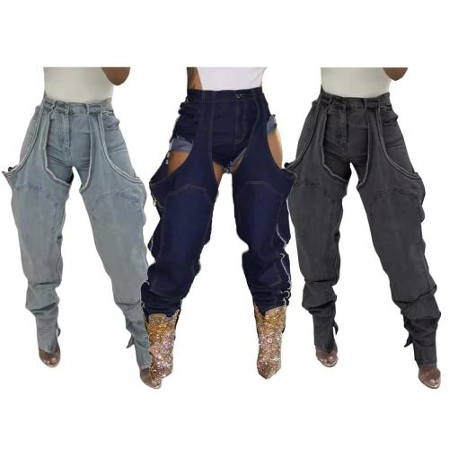 51089 New cross-border model European and American fashion irregular hollow-out patchwork zipper stretch denim