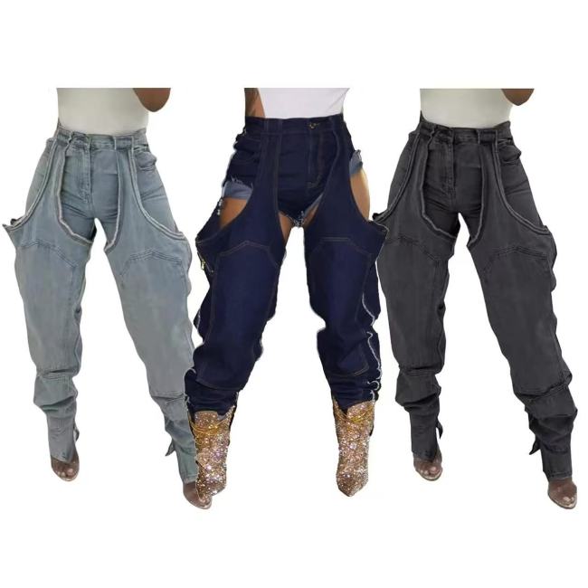 51089 New cross-border model European and American fashion irregular hollow-out patchwork zipper stretch denim