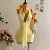 Cross-border European and American summer new fashion sexy deep V-neck halter neck ruched bodycon short dress for women