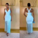 New European and American style foreign trade fashion sexy solid color sleeveless V-neck bandage slim-fit bodycon tassel dress for women