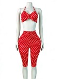 Cross-border European and American summer new fashion printed polka dot camisole top and hip-hugging cropped pants set for women