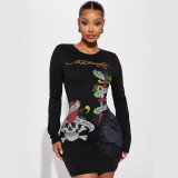 Cross-border European and American spring/summer new fashion trendy personalized printed long-sleeve round-neck slim-fit dress