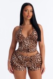 New European and American cross-border fashion sexy V-neck halter neck printed backless tank top and shorts set for women